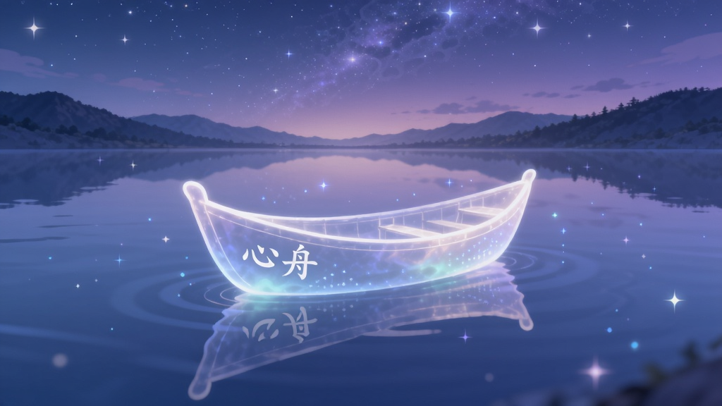 一张以宁静湖面为背景的插画,画面中央漂浮着一只由柔和光线构成的半透明小舟,舟身刻有“心舟”二字。湖面倒映着星空与远山,整体色调为深蓝与浅紫渐变,风格清新治愈,细节处有微微闪烁的光点代表情绪数据,画质干净细腻,无多余元素。