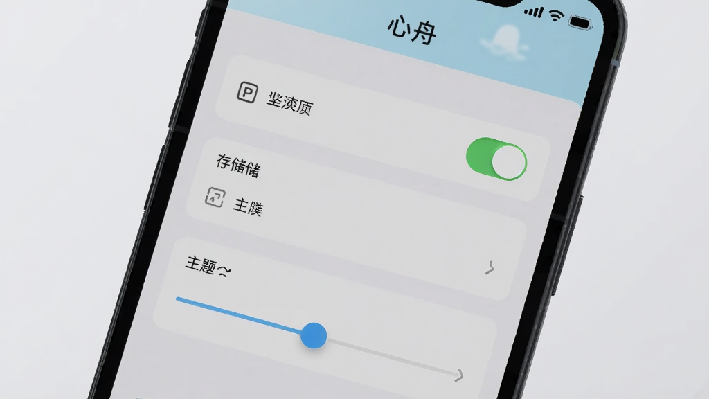 一部手机屏幕特写,显示“心舟”APP的设置界面,界面中有权限开关、存储选项和主题调节滑块。背景是柔和的浅灰色,画面简洁干净,画质清晰,无多余元素。