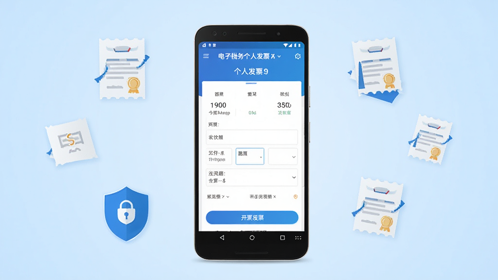 主体为一部安卓手机,屏幕上显示电子税务个人发票应用的开票界面,布局为手机居中展示,背景为浅蓝色渐变,周围环绕发票图标和盾牌安全图标,排版简洁清晰,风格为扁平化科技商务风,细节包含清晰的按钮和表单字段,画质高清,干净,无多余元素