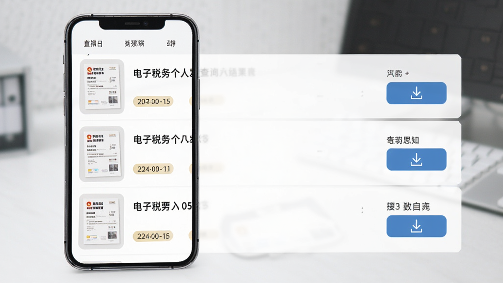 主体为手机展示电子税务个人发票查询结果列表,布局为列表式排列,排版整齐,风格为浅色商务风,细节包含发票缩略图、日期标签和下载按钮,画质高清,干净,无多余元素