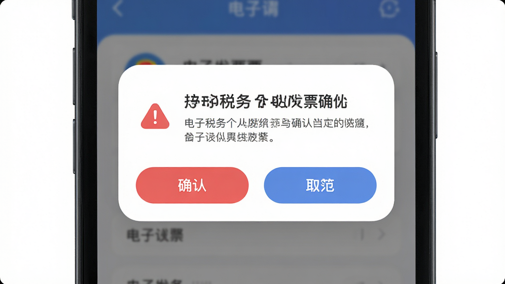 主体为手机界面展示电子税务个人发票作废确认弹窗,布局为弹窗居中,排版上下结构,风格为柔和圆角风,细节包含红色警示图标和确认取消按钮,画质高清,干净,无多余元素
