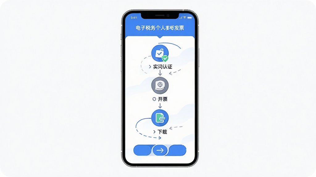 主体为手机展示电子税务个人发票新手引导页面,布局为步骤条形式,排版从上到下,风格为扁平化插画风,细节包含实名认证、开票、下载三个步骤图标,画质高清,干净,无多余元素
