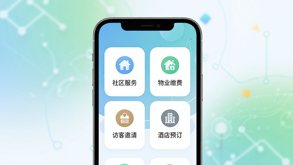 自然天辰服务云APP主界面展示,主体为一部智能手机,屏幕中显示社区服务、物业缴费、访客邀请、酒店预订四个功能卡片,布局居中对称,排版简洁清晰,风格为现代科技感扁平化设计,细节包含柔和渐变背景与圆角图标,画质高清,画面干净,无多余元素