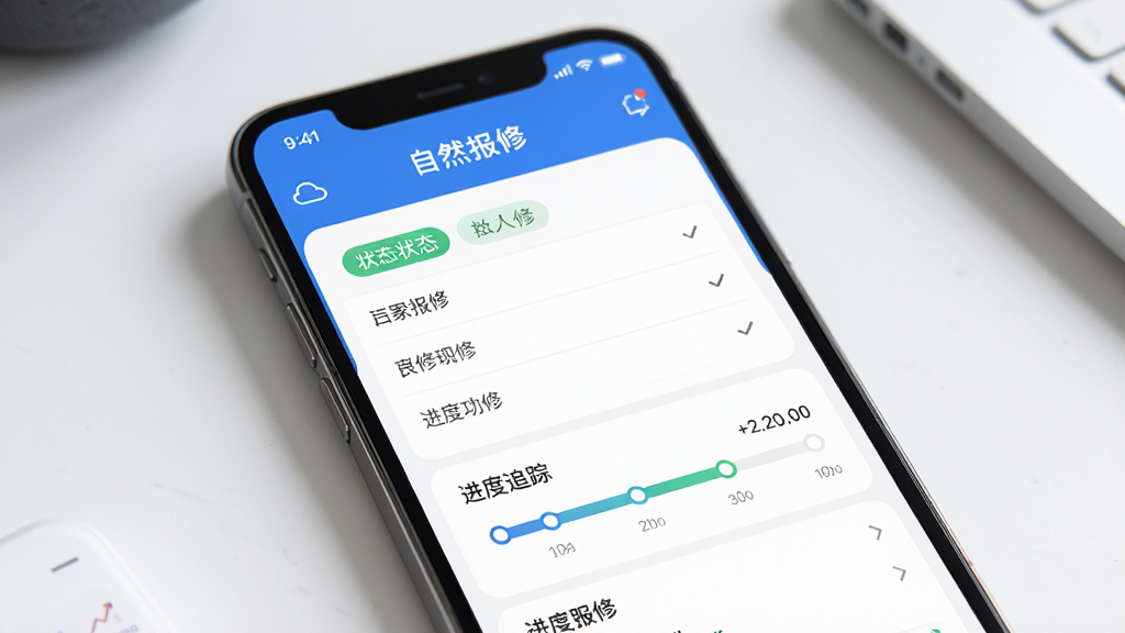 自然天辰服务云APP在线报修功能界面,主体为手机屏幕显示报修表单与进度追踪条,布局上下结构,排版清晰易读,风格为现代商务简约风,细节包含状态标签与时间轴设计,画质高清,画面干净,无多余元素