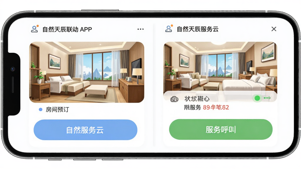 自然天辰服务云APP酒店服务联动界面,主体为手机屏幕展示房间预订与服务呼叫按钮,布局左右分栏,排版规整,风格为柔和圆角卡片式设计,细节包含酒店场景插画与状态提示,画质清晰,画面干净,无多余元素