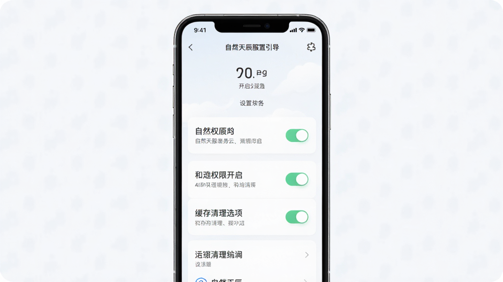 自然天辰服务云APP安装与设置引导界面,主体为手机屏幕展示权限开启与缓存清理选项,布局为纵向列表,排版整齐,风格为浅色极简设计,细节包含开关按钮与说明文字,画质高清,画面干净,无多余元素