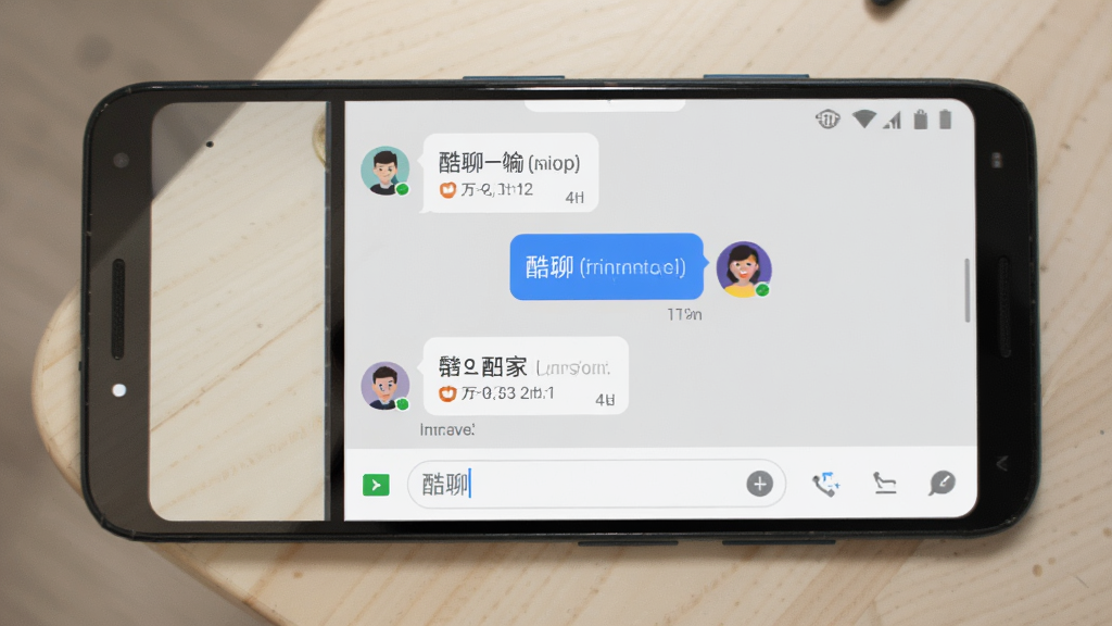 主体为一部安卓手机屏幕,屏幕中显示酷聊聊天界面,布局为手机居中放置于浅色桌面,排版简洁清晰,风格为现代扁平化科技风,细节包括聊天气泡、头像、输入框,画质高清,干净,无多余元素