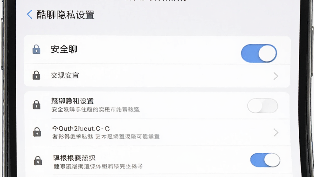 主体为酷聊隐私设置页面,布局为手机屏幕显示安全选项列表,排版清晰,风格为简洁商务风,细节包括锁形图标、开关按钮、权限说明文字,画质高清,干净,无多余元素