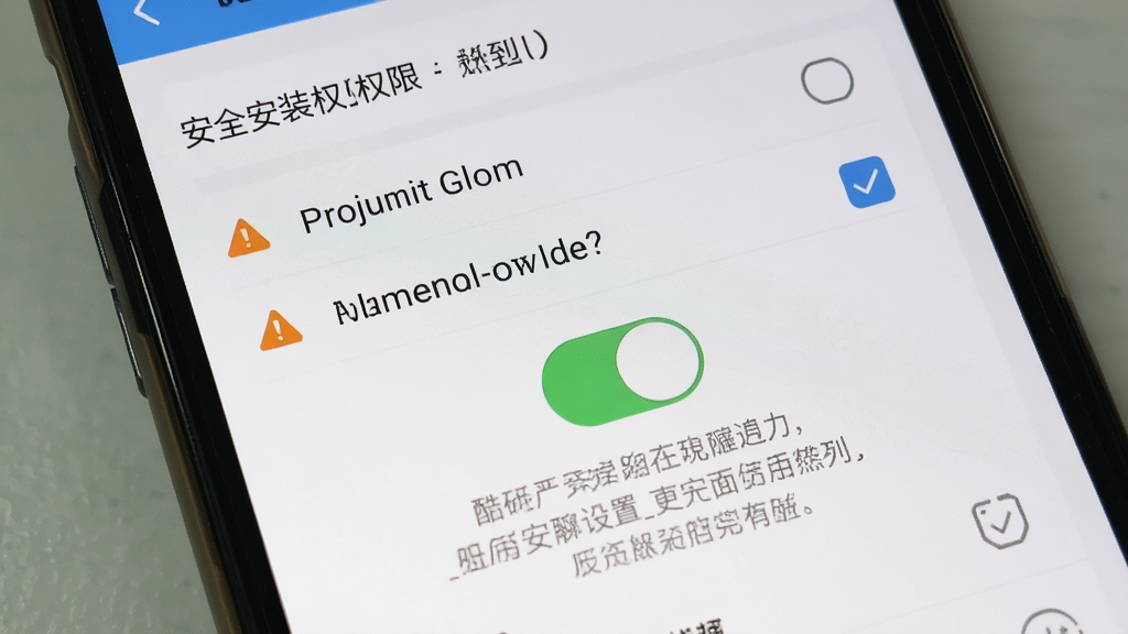 主体为手机屏幕显示酷聊安装权限设置页面,布局为手机特写,排版突出安全开关与提示文字,风格为实用教程截图风,细节包括权限列表、勾选按钮、警告图标,画质高清,干净,无多余元素