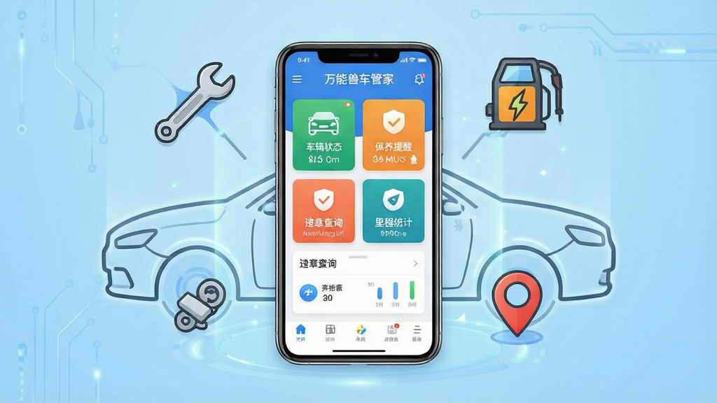 一张展示万能兽车管家软件核心功能的合成示意图,画面中央是一部智能手机,屏幕上显示着万能兽车管家的应用界面,界面中包含车辆状态卡片、保养提醒、违章查询、里程统计等图标。手机周围环绕着汽车轮廓线条、扳手、油表、定位标记等元素。布局采用居中构图,背景为浅蓝色渐变科技风格,细节丰富,画质清晰,干净,无多余元素。