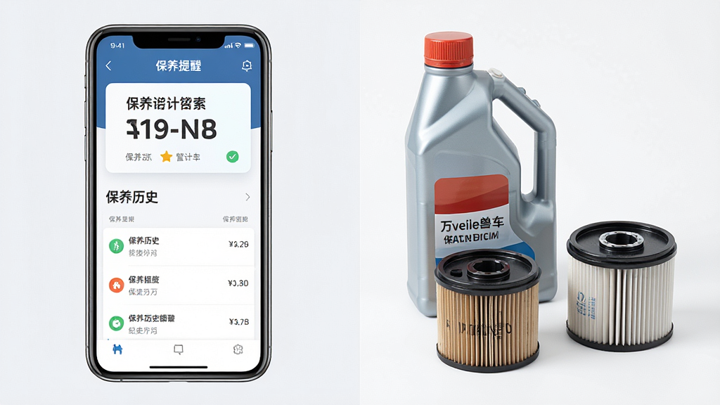 一张表现万能兽车管家保养提醒与记录功能的场景图,画面中手机屏幕显示保养倒计时卡片和保养历史记录列表,旁边放置着机油瓶、滤清器等汽车保养配件。布局为左右分栏,左侧手机,右侧配件。风格为写实清新风,细节细腻,画质干净,无多余元素。