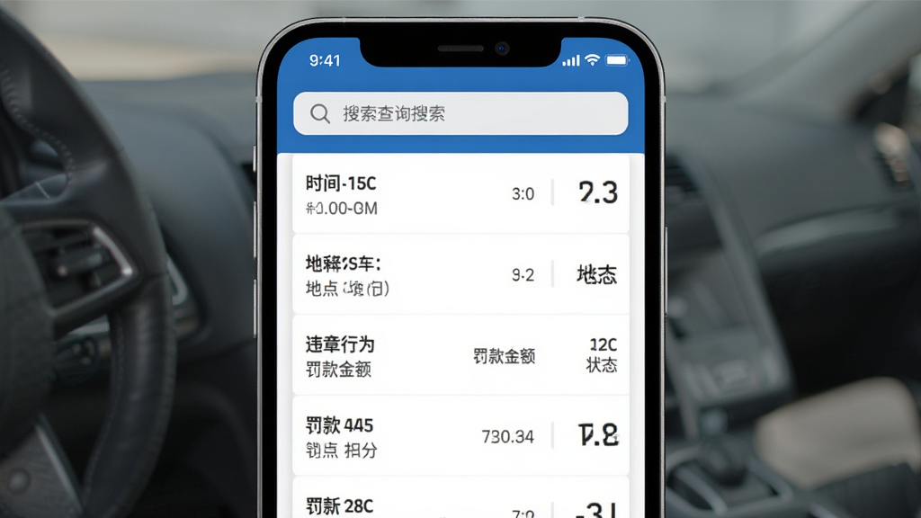 一幅展示万能兽车管家违章查询功能的手机界面图,屏幕中显示违章记录列表,包含时间、地点、违章行为、罚款金额和扣分状态。布局为单列列表式,顶部有搜索栏。风格为简约商务风,配色以蓝白为主,细节清晰,画质干净,无多余元素。