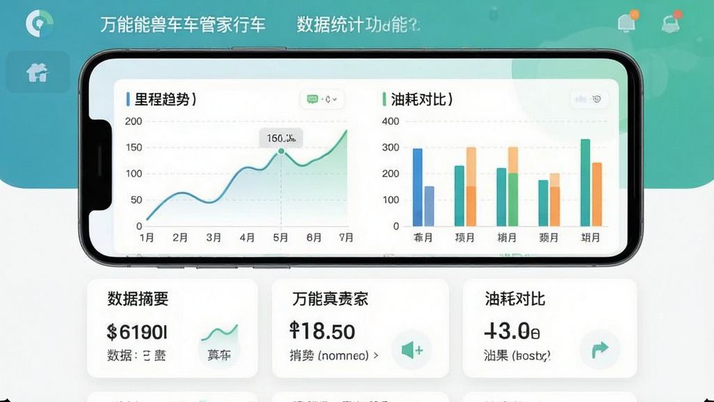 一张展示万能兽车管家行车数据统计功能的界面图,画面中手机屏幕显示折线图和柱状图,图表展示里程趋势和油耗对比,下方有数据摘要卡片。布局为上下结构,上方图表,下方摘要。风格为数据可视化风格,配色清新,细节丰富,画质干净,无多余元素。