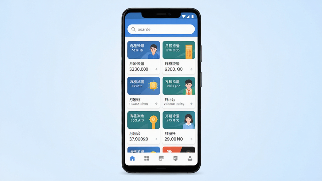 一张手机界面展示图,画面中央是一部竖屏安卓手机,屏幕上显示万能流量卡平台APP的主页,顶部有搜索框,中间排列着多张流量卡套餐卡片,每张卡片标注月租和流量额度,底部有导航栏,背景为浅蓝渐变,整体风格简洁干净,扁平化设计,画质清晰,无多余元素