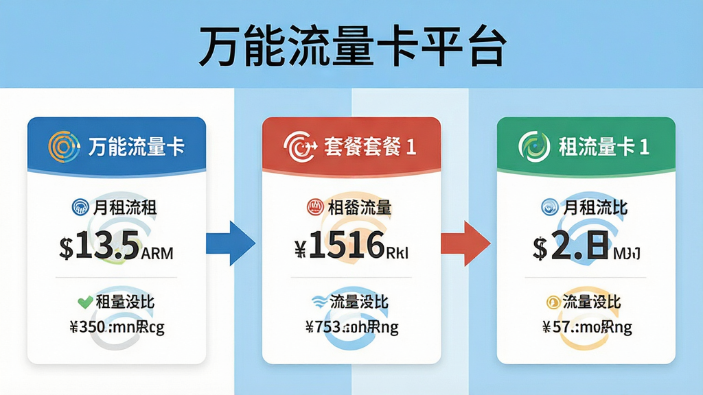 一张扁平化风格的信息图表,标题文字为“万能流量卡平台”,画面分为三列,分别代表不同运营商的套餐卡片,每张卡片上标注月租和流量数字,中间有对比箭头,底色为白色和浅蓝色交替,风格商务简洁,画质干净,无多余装饰