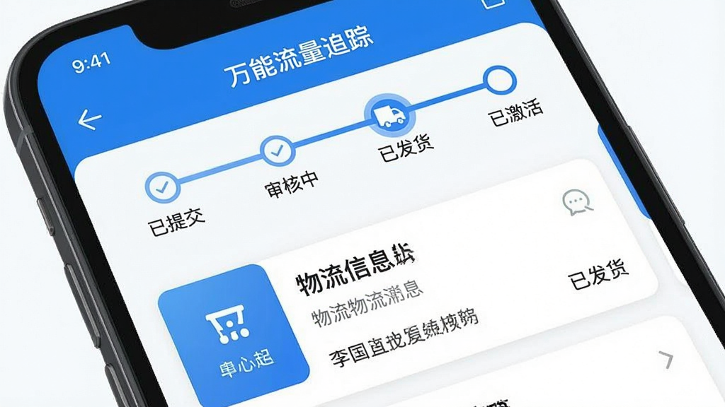 一张手机屏幕截图风格的图片,画面展示万能流量卡平台的订单追踪页面,顶部有进度条显示“已提交”“审核中”“已发货”“已激活”四个节点,当前高亮在“已发货”,下方有物流信息卡片,整体配色为蓝白相间,风格清爽,画质清晰,无杂乱元素
