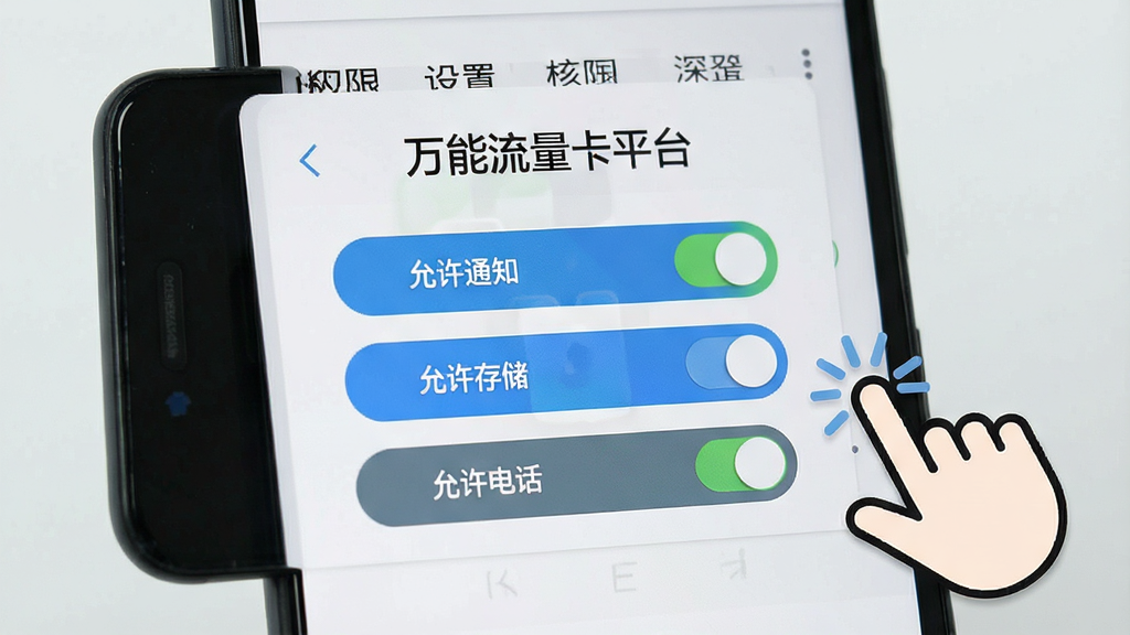 一张手机操作示意图,画面展示一部安卓手机屏幕,屏幕上显示万能流量卡平台的权限设置引导页面,有“允许通知”“允许存储”“允许电话”三个开关按钮,旁边有手指点击的图标,背景为浅灰色,风格简洁教程风,画质清晰,无多余元素