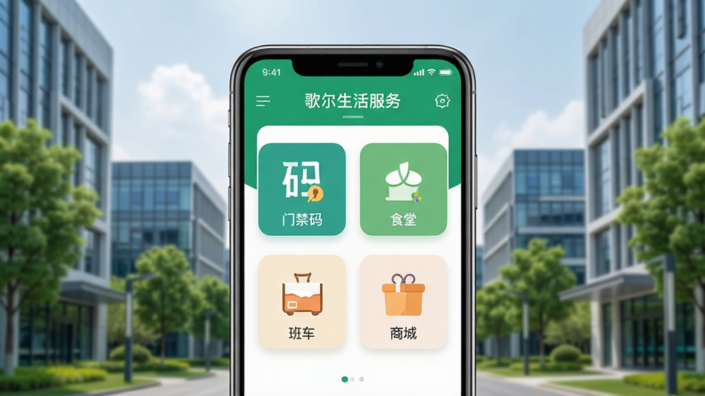 画面中央放置一部智能手机,手机屏幕上显示“歌尔生活服务”应用主界面,界面包含门禁码、食堂、班车、商城等功能图标,背景是现代化科技园区办公楼与绿树,整体布局简洁清晰,排版采用上下结构,风格为扁平化科技风,细节丰富,画质高清,干净,无多余元素