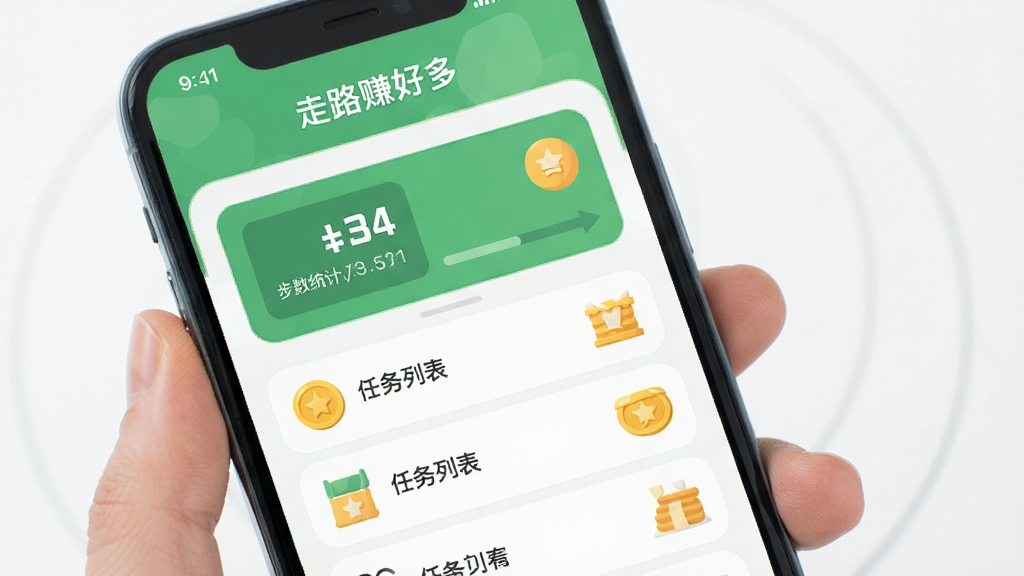 走路赚好多 软件主界面 手机屏幕 步数统计 任务列表 金币图标 清新绿色调 扁平化设计 干净背景 高清画质
