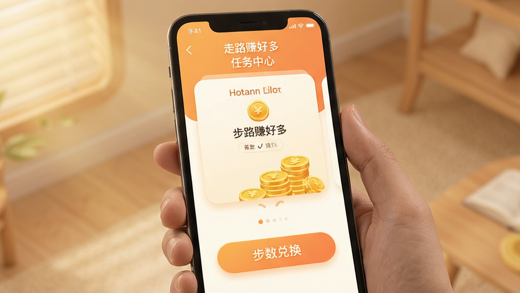 走路赚好多 任务中心界面 步数兑换按钮 签到卡片 金币堆叠 手机UI展示 暖色调 圆角卡片 干净无杂物 高清画质