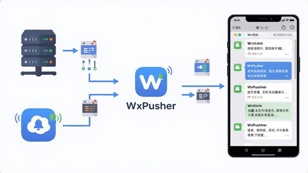 一张以WxPusher消息推送平台为主题的功能示意图,画面主体是一个消息推送流程,左侧是服务器和应用程序图标,中间是WxPusher消息推送平台的标识,右侧是微信消息接收界面,多条不同格式的消息卡片依次排列,布局采用横向流程图形式,风格为简洁科技插画,细节包含箭头、数据包、通知铃铛,画质清晰,干净,无多余元素