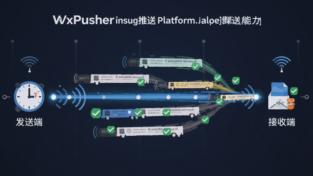 一张表现WxPusher消息推送平台稳定推送能力的图片,画面以时间轴为背景,从左侧的发送端到右侧的接收端,中间有多条消息轨迹快速穿过,轨迹上带有对勾标记表示送达成功,整体布局为横向时间线,风格为扁平化信息图,细节包含时钟、信号波纹、成功状态图标,画质清晰,干净,无多余元素
