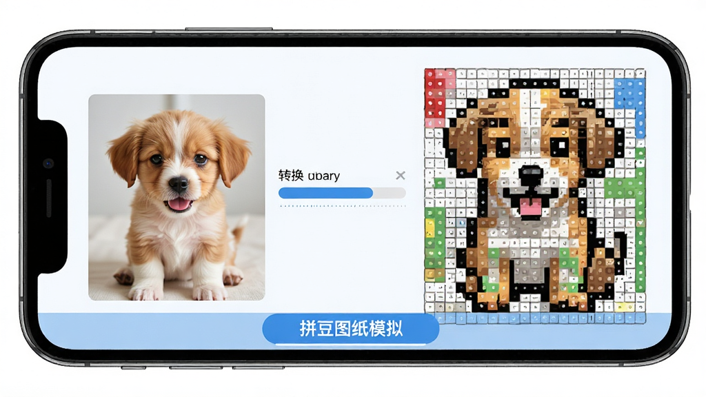 拼豆图纸模拟图片转换功能界面,手机屏幕显示一张可爱小狗照片正在被转换为像素拼豆图纸,屏幕左侧是原图缩略图,右侧是彩色网格图纸预览,中间有转换进度条,底部显示