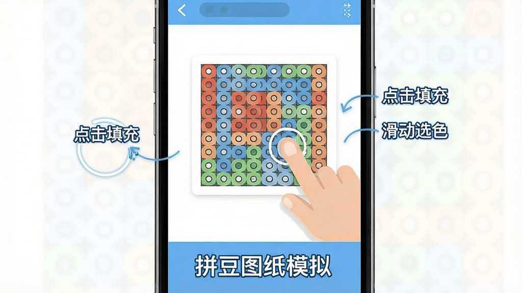 拼豆图纸模拟新手操作指引示意图,手机屏幕显示拼豆图纸模拟软件的新手引导页面,画面上有手指点击网格的示意动画,旁边标注