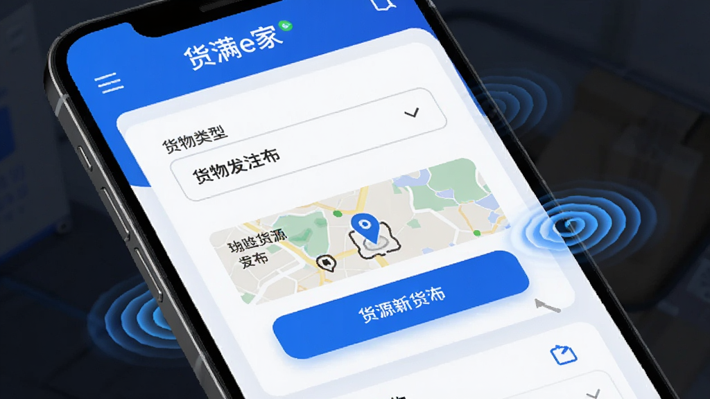 画面展示货满e家货主端的一键发布货源功能界面,主体为一部手机屏幕,屏幕内显示货源发布表单,包含货物类型下拉菜单和地图选点按钮,布局清晰,排版采用卡片式设计,风格为科技蓝商务风,细节有动态波纹推送效果,画质高清,干净无杂乱