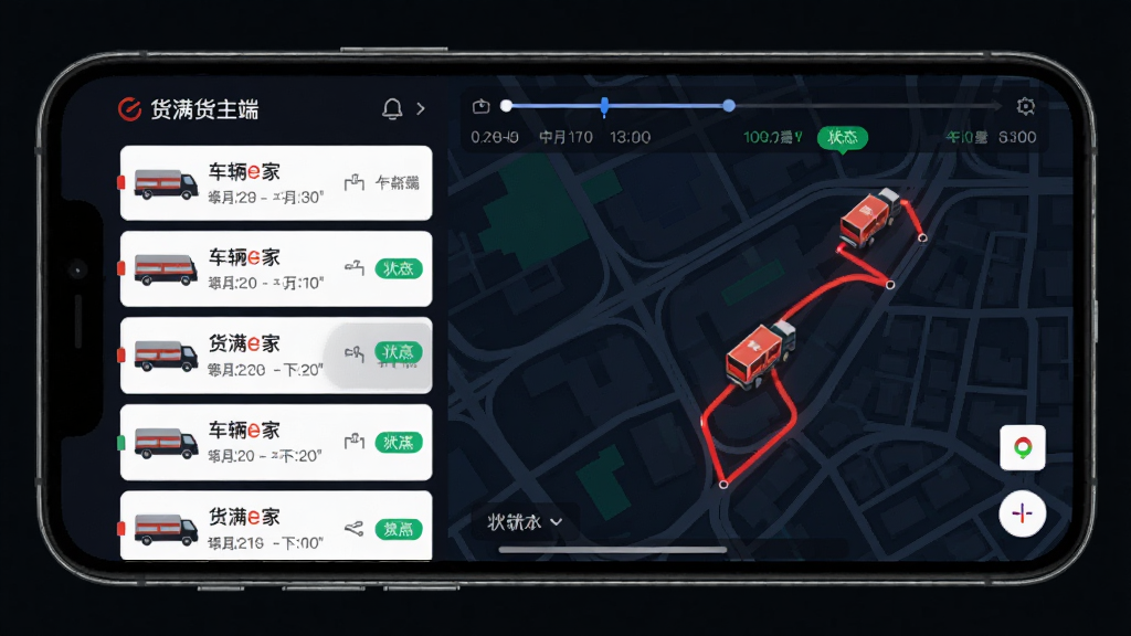 一张展示货满e家货主端实时轨迹跟踪功能的示意图,画面为手机屏幕内嵌地图界面,地图上显示一条红色运输路线和车辆图标,布局以上下结构呈现,排版左侧为车辆列表右侧为地图,风格为深色科技感,细节包含时间轴和状态标签,画质锐利,干净无多余装饰