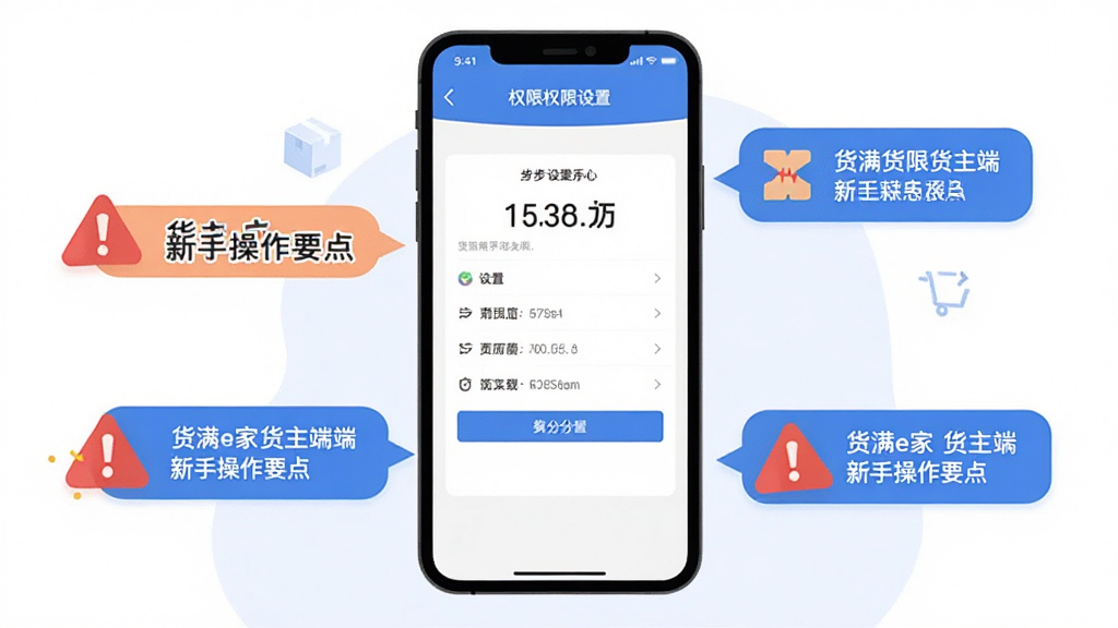 一张展示货满e家货主端新手操作要点的信息图,画面中央为手机屏幕显示权限设置界面,布局采用分步标注形式,风格为扁平化插画,细节包含红色警告图标和蓝色提示气泡,画质清晰,干净无多余元素