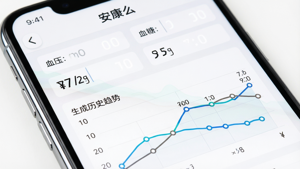 一个智能手机屏幕特写,屏幕上显示着“安康么”应用的数据记录页面,包含血压、血糖、体重等数值输入框和下方生成的历史趋势折线图。图表线条清晰,数据点标注明确。背景为白色简洁风格,手机边缘有轻微反光。画质高清,干净,无多余元素。