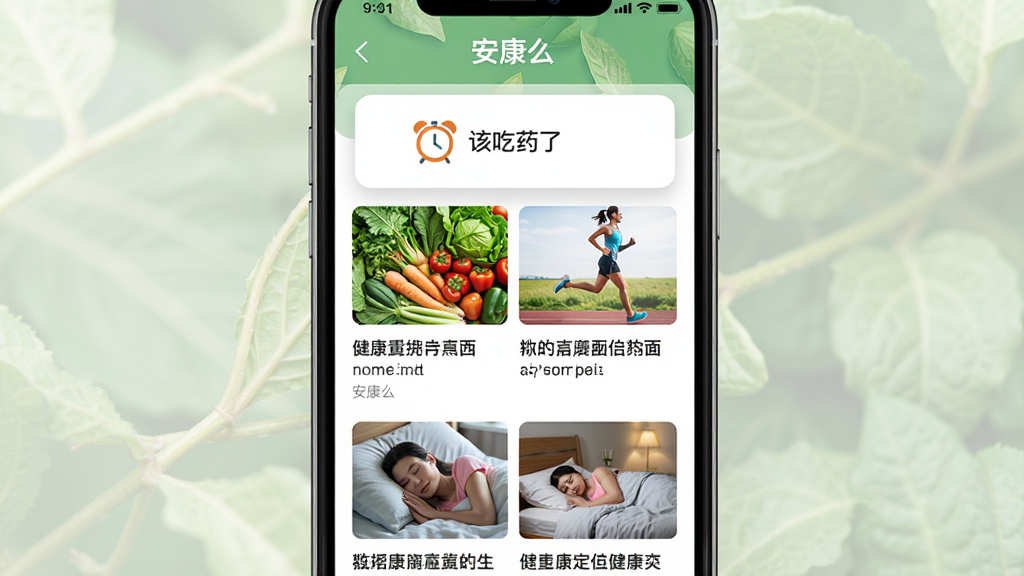 手机竖屏显示“安康么”的资讯列表页,文章标题清晰,配有健康主题的缩略图,如蔬菜、跑步、睡眠等。屏幕上方有提醒设置的弹窗,显示“该吃药了”的闹钟图标。整体色彩清新自然,排版整洁。画质高清,干净,无多余元素。