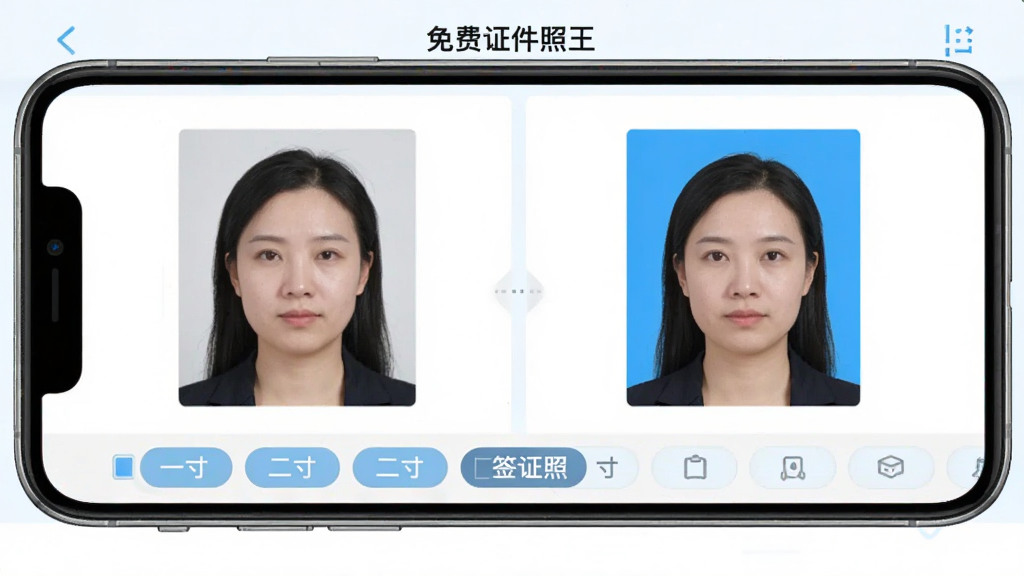 一张手机屏幕展示证件照制作界面的图片,画面中央是免费证件照王软件的操作界面,左侧显示原始人像照片,右侧显示已更换为蓝色背景的证件照成品,界面下方排列着一寸、二寸、签证照等尺寸选项按钮。整体布局简洁清晰,采用扁平化UI风格,色调以白色和浅蓝色为主。画面干净整洁,无多余元素,画质清晰,适合作为软件功能介绍配图。