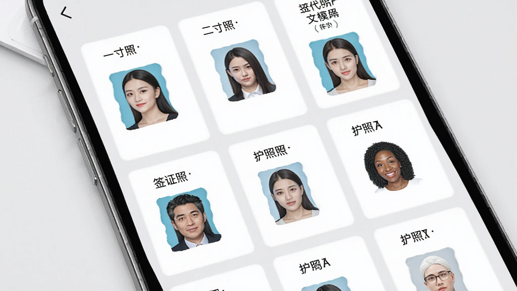 免费证件照王多尺寸模板选择界面图,画面展示手机屏幕中排列整齐的证件照尺寸选项卡片,包括一寸照、二寸照、签证照、护照照等标签,每个卡片配有缩略示意图。布局采用网格排列,风格现代简约,色调以白色卡片和浅灰底色为主。画面干净,无多余装饰,画质清晰。