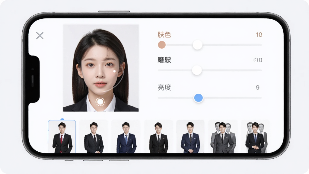 免费证件照王美颜与换装功能界面图,画面展示手机屏幕中一位人物证件照正在应用美颜效果,旁边有肤色、磨皮、亮度等调节滑块,下方排列多套正装模板缩略图。布局清晰,风格简洁实用,色调柔和。画面干净,无多余元素,画质清晰。