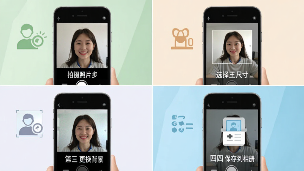 免费证件照王使用教程示意图,画面展示手机操作步骤,第一步拍摄照片,第二步选择尺寸,第三步更换背景,第四步保存到相册。采用四格分布布局,每格配有简洁图标和文字说明。风格扁平化,色调清新,画面干净,无多余元素,画质清晰。