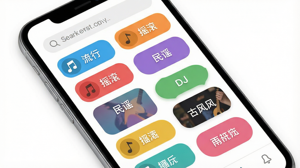 一张展示全免歌曲畅听曲库分类的界面图,画面主体为手机屏幕,屏幕内显示多个音乐风格标签如流行、摇滚、民谣、DJ、古风等排列整齐,每个标签配有对应风格的图标,布局采用网格排列,风格为清新简约的扁平化设计,细节包括彩色标签、圆角矩形按钮、顶部搜索栏,画质高清,背景为白色,干净无多余元素