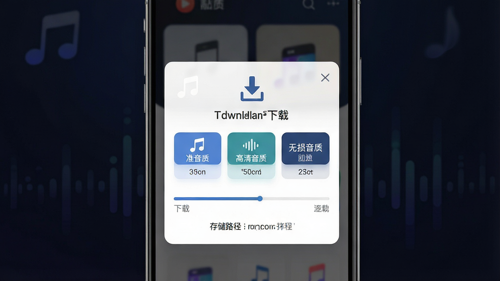 一张展示全免歌曲畅听下载与音质选择功能的界面图,画面中央为手机屏幕,屏幕内显示歌曲下载弹窗,包含标准音质、高清音质、无损音质三个选项按钮,下方有下载进度条和存储路径提示,布局清晰,风格为现代科技感设计,细节包括音符图标、下载箭头、音质标识,画质高清,背景为深色渐变,干净利落