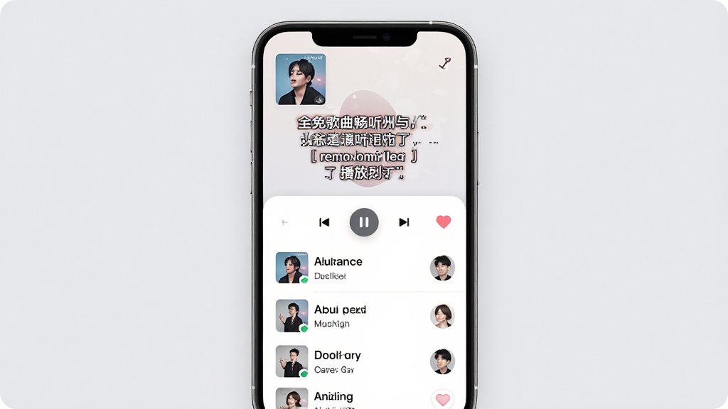 一张展示全免歌曲畅听歌词与播放列表的界面图,画面主体为手机屏幕,上半部分显示专辑封面和滚动歌词,下半部分显示播放列表,列表中有多首歌曲名称和歌手头像,布局上下结构清晰,风格为柔和圆角设计,细节包括歌词高亮效果、播放控制按钮、收藏心形图标,画质高清,背景为浅灰色,干净整洁