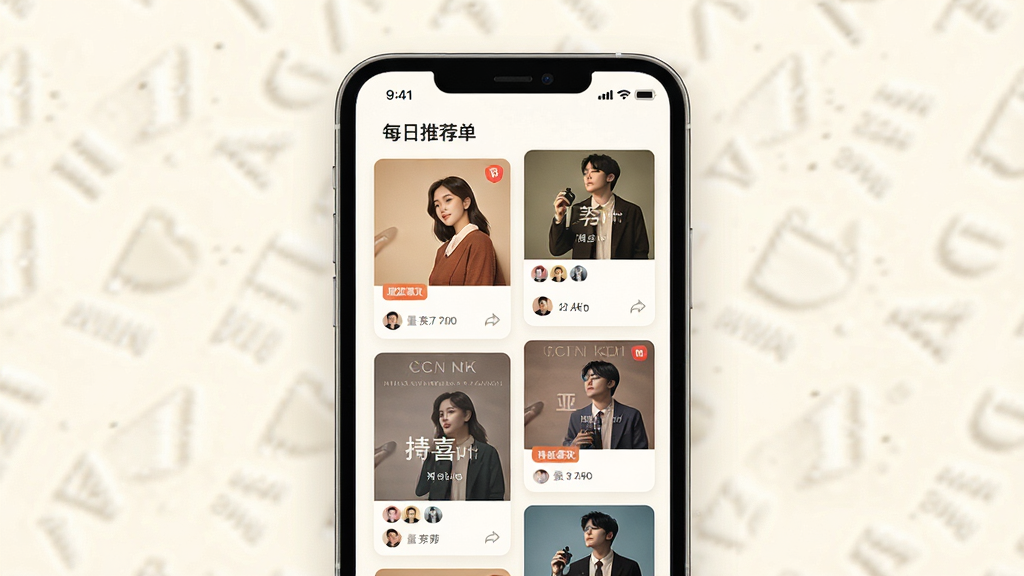 一张展示全免歌曲畅听智能推荐功能的界面图,画面中央为手机屏幕,屏幕内显示每日推荐歌单和猜你喜欢板块,歌单封面以卡片形式排列,布局为瀑布流式,风格为温暖清新的设计,细节包括推荐标签、播放量数字、歌手头像,画质高清,背景为米白色,干净无杂乱元素