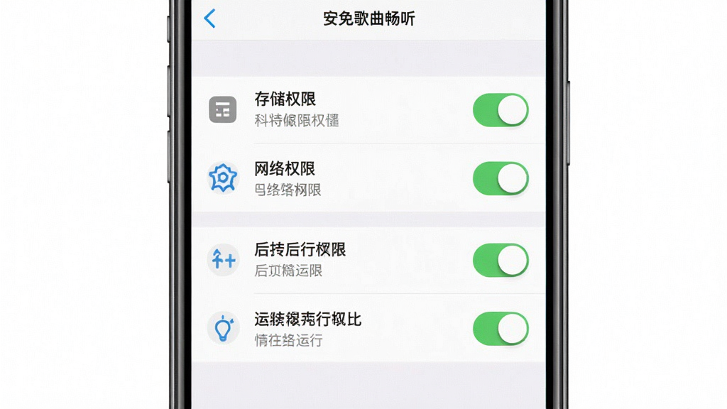 一张展示全免歌曲畅听安装权限设置的示意图,画面主体为手机屏幕,屏幕内显示权限管理界面,包含存储权限、网络权限、后台运行权限等开关按钮,布局为列表式排列,风格为系统原生设置界面风格,细节包括权限图标、开关状态、文字说明,画质高清,背景为白色,干净清晰
