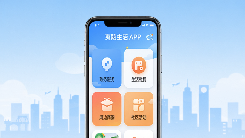 夷陵生活APP官方主界面展示图,画面中央放置一部智能手机,手机屏幕显示夷陵生活应用首页,包含政务服务、生活缴费、周边商圈、社区活动等图标模块,背景为夷陵区城市剪影与淡蓝色渐变天空,整体风格简洁现代,排版清晰,画质高清,干净无多余元素