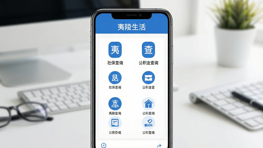 夷陵生活APP政务服务功能界面截图,画面展示手机屏幕中社保查询与公积金查询页面,页面顶部显示“夷陵生活”字样,界面以蓝色为主色调,图标清晰,布局规整,背景为简约办公桌场景,整体风格商务清新,画质高清,干净无多余元素