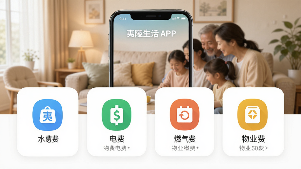 夷陵生活APP生活缴费功能界面截图,手机屏幕显示水费、电费、燃气费、物业费缴费入口,页面设计简洁,图标色彩鲜明,背景为温馨家庭场景,整体风格亲切实用,画质高清,干净无多余元素