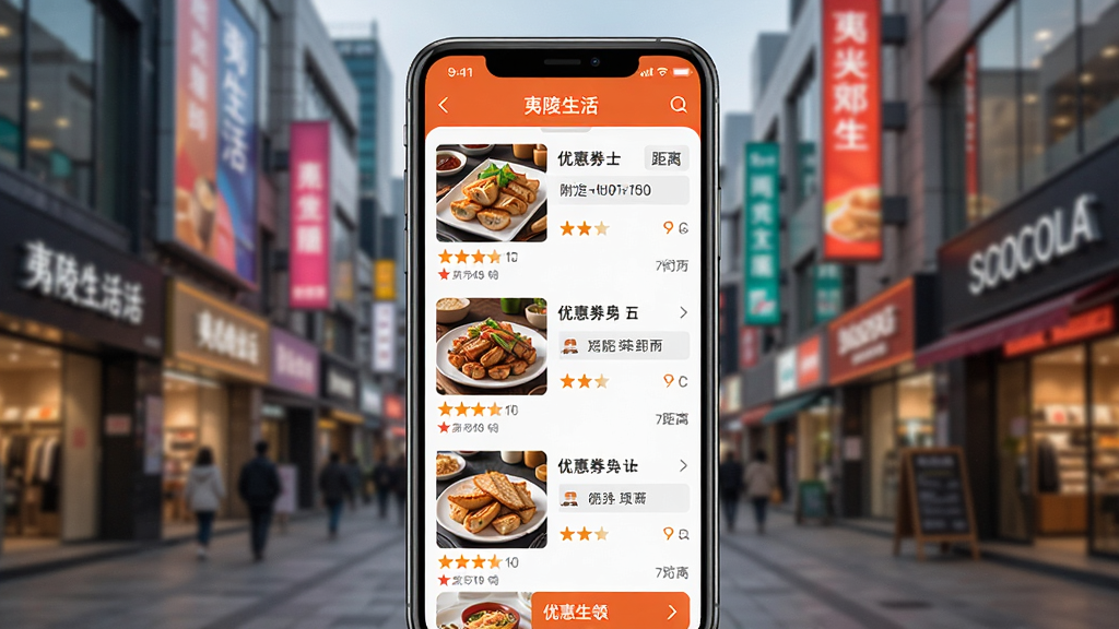 夷陵生活APP周边商圈功能界面截图,手机屏幕展示附近美食店铺列表与优惠券领取页面,页面包含商家图片、评分与距离信息,背景为繁华商业街景,整体风格活力时尚,画质高清,干净无多余元素