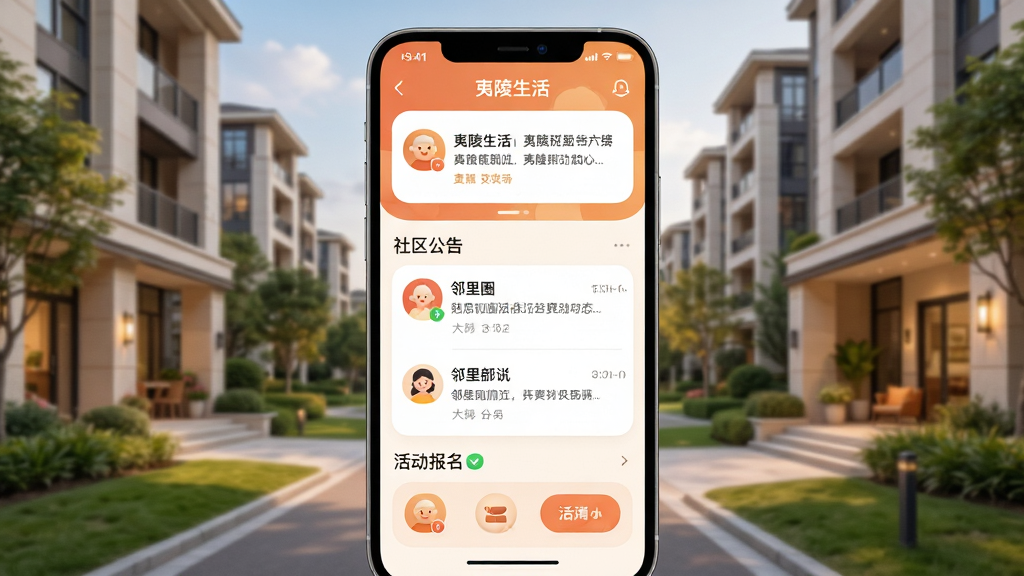 夷陵生活APP社区互动功能界面截图,手机屏幕显示社区公告、邻里圈动态与活动报名页面,界面以暖色调为主,图标圆润友好,背景为现代小区环境,整体风格温馨和谐,画质高清,干净无多余元素