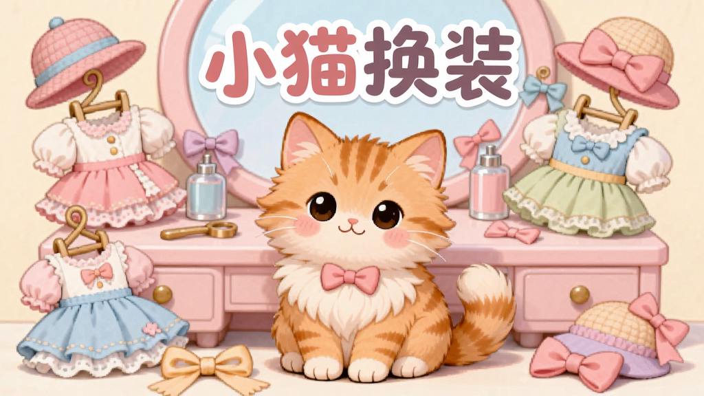 一只毛茸茸的橘色小猫坐在粉色梳妆台前,周围摆满各种迷你裙子、帽子和蝴蝶结,画面中央上方用可爱圆润字体写着“小猫换装”,整体采用柔和的马卡龙色调,卡通插画风格,细节丰富,画质高清干净,无多余元素