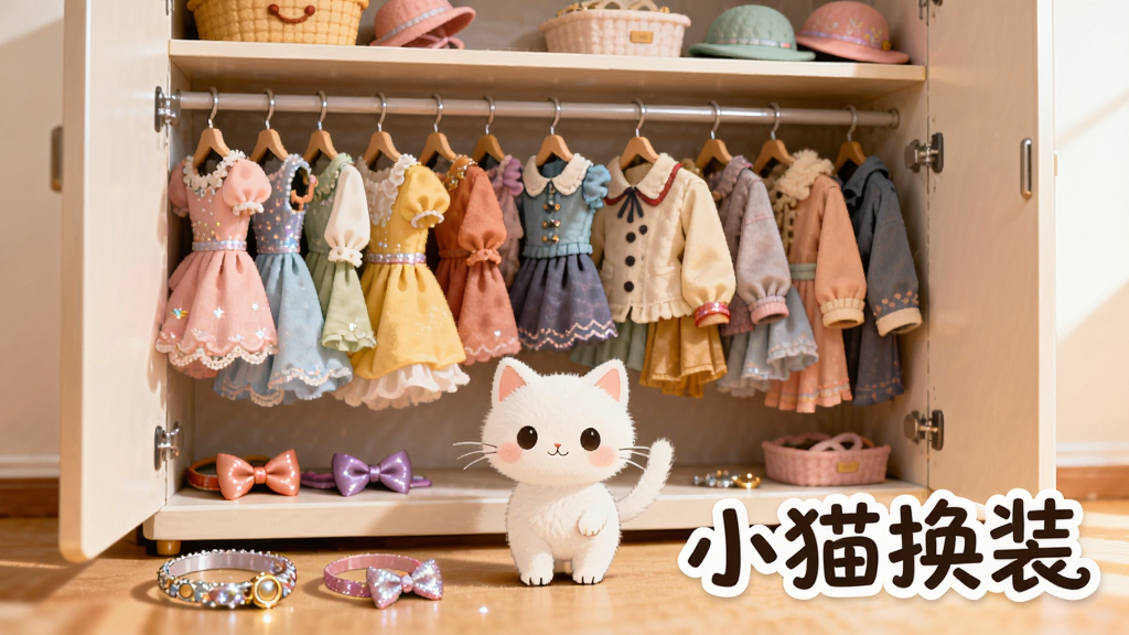 一只白色小猫站在巨大的开放式衣柜前,衣柜里挂满五颜六色的迷你连衣裙、小外套和帽子,地上散落着亮闪闪的项圈和蝴蝶结,画面右下角用艺术字体标注“小猫换装”,整体风格为温馨的卡通绘本风,色彩明亮柔和,画质清晰细腻,背景干净整洁