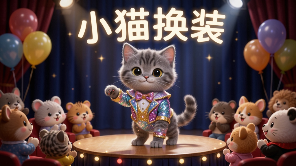 一只灰色小猫穿着闪闪发光的演出服站在聚光灯下的圆形舞台上,台下坐着许多鼓掌的小动物观众,背景是深蓝色幕布和彩色气球,画面顶部用发光字体写着“小猫换装”,整体为梦幻舞台风格,细节精致,画质高清,氛围欢乐